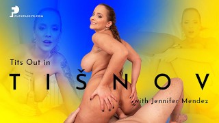 Busty brunette Jennifer Mendez takes good care of your cock with her massive juggs and needy cunt in VR